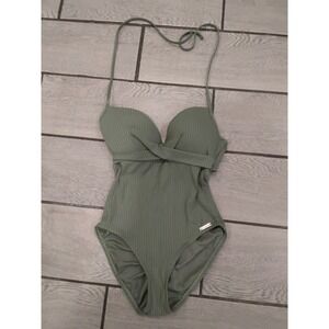 Vince Camuto Olive Green Ribbed One Piece Swimsuit Twisted Front Halter Size 10